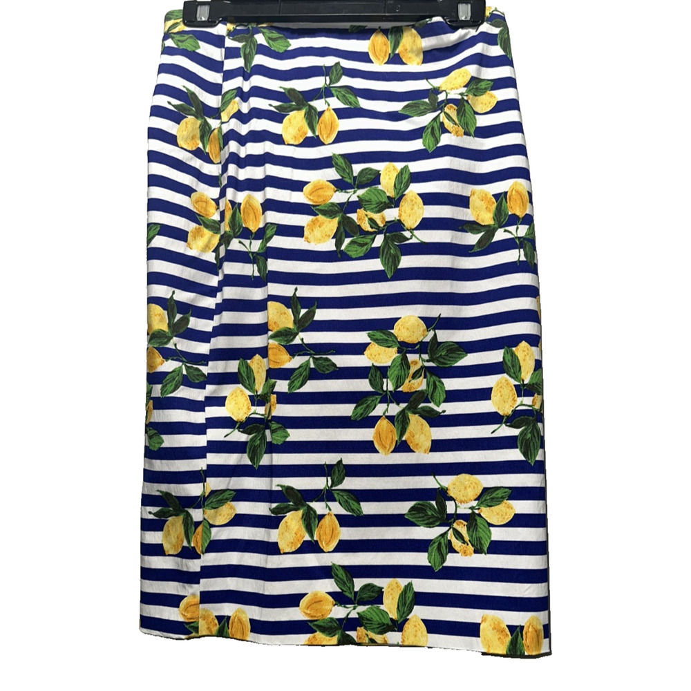 Linda Matthews Lemon Print Striped Skirt Women’s Small Blue White Fruit A-Line